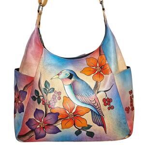 Anuschka Anna Handpainted Leather Large Multi Pocket Hobo, Bird on a Branch bag